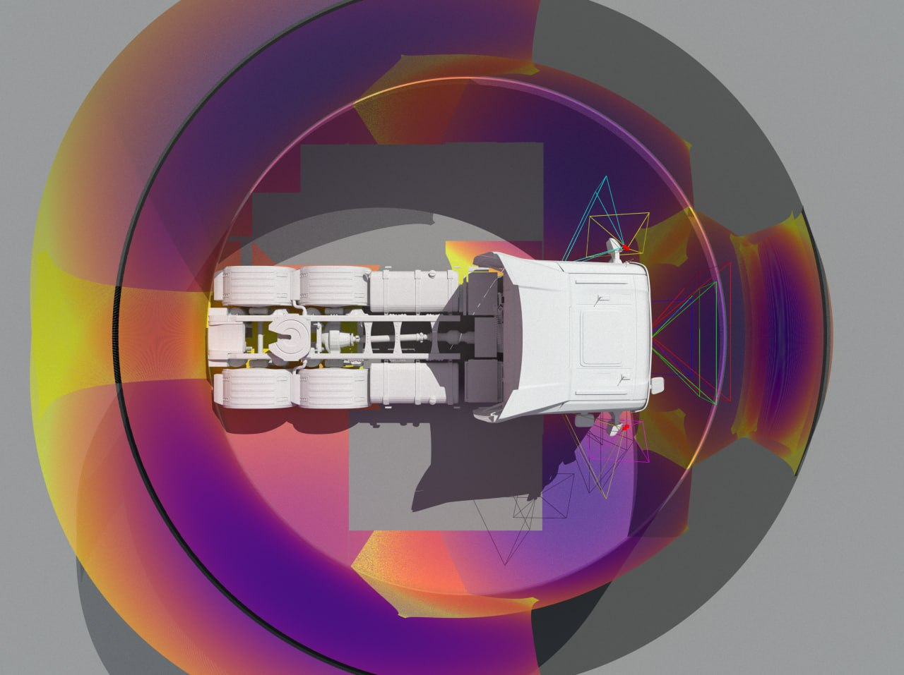 <b>Figure 6:</b> Simulation of a truck equipped with multiple cameras. The area covered by the cameras’ fields of view is shown, within which the FPE error is visualized.
